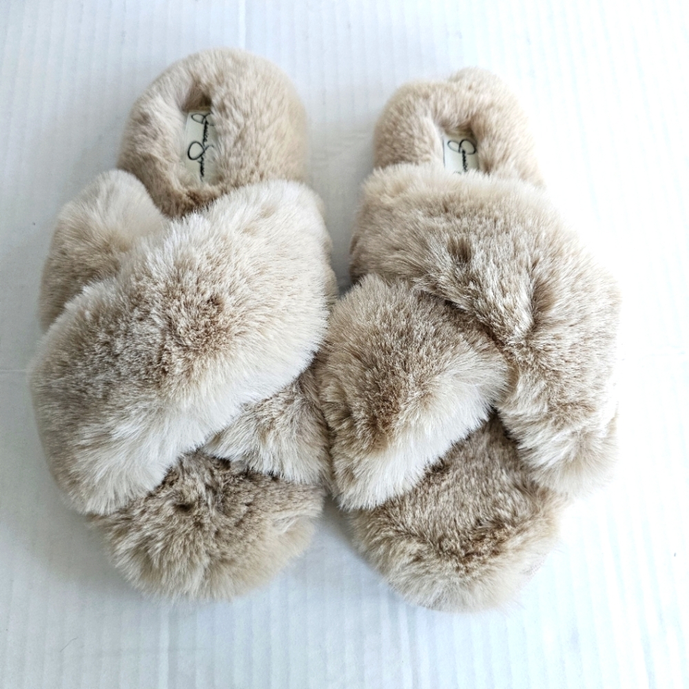 Jessica Simpson faux fur slippers size L 8-9 tan crisscross open toe NIB - Picture 4 of 14
